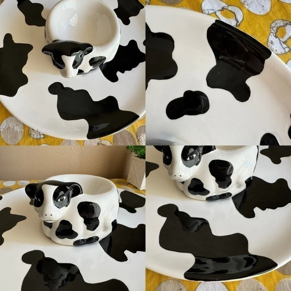 Vintage 1993 black and white cow appetizer and dip tray and cup